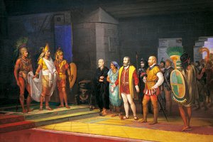 Hernan Cortez ontmoet Montezuma in Mexico door Juan Ortega