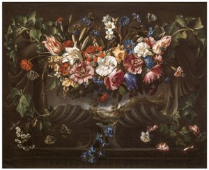 Bloemenkrans met landschap door Juan de Arellano