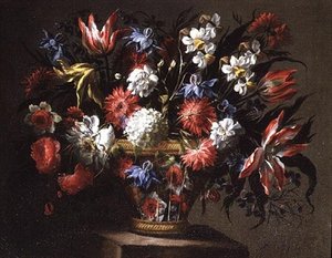 Stilleven van tulpen, narcissen en andere bloemen in een mand door Juan de Arellano