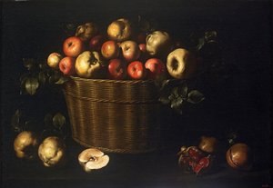 Mand met appels, kweeperen en granaatappels