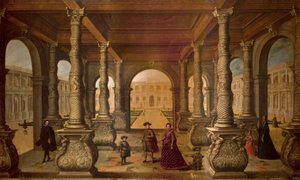 Filips IV en zijn koningin in een zuilengang door Juan de la Corte