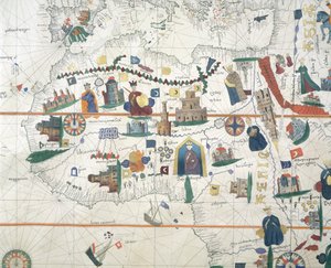 Detail van Afrika en Middellandse Zee, door Juan de la Cosa, zeekaart door Juan de la Cosa