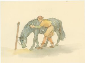 Een middeleeuwse stalknecht borstelt een paard, 2004