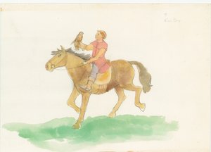 Een middeleeuwse man, afgebeeld rijdend op een paard met een roofvogel op zijn arm, 2004