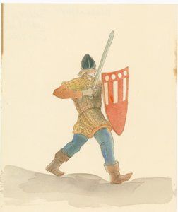 Een middeleeuwse soldaat met een lang zwaard in zijn rechterhand en een schild in zijn linkerhand, 2004