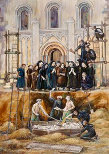Opgraving van Arthur en Guinevere in Glastonbury Abbey, Somerset door Judith Dobie