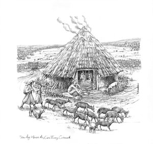 Boeren en een kudde geiten buiten IJzertijd Rondhuis, ca. 1990-2010 door Judith Dobie