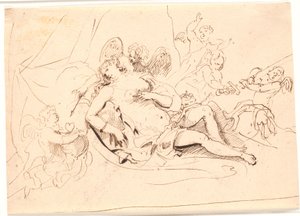 Rustende Venusfiguur, omringd door zes putti die spelen met zwaard, pijl en hart