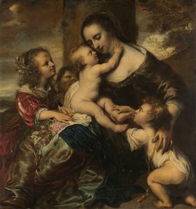 Portret van een vrouw met vier kinderen, afgebeeld als Caritas door Jürgen Ovens