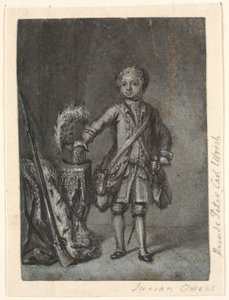 Portret van staande jongen in jachtuitrusting; links tafel met jachthoed en lang geweer. Prins Peter Carl Ulrich? door Jürgen Ovens