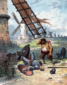 Don Quichot heeft gevochten met windmolens en is van zijn paard gevallen, Sancho Panza kijkt naar zijn meester, illustratie van boek door Miguel de Cervantes "Histoire de Don Quichotte", gravure naar Jules David