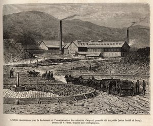 Mexicaanse arastras (gebied vertrapt door de voeten van de muilezels, zoals voor het treden van de bles) voor het malen en amalgameren van zilvererts (Gould en Curry fabrieken) in de buurt van Virginia City (Nevada), gravure naar de tekening van J.Ferat, i door Jules (after) Ferat