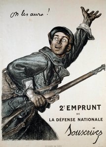 Eerste Wereldoorlog (1914-1918): poster door Abel Faivre voor de nationale lening. Een soldaat spoort het publiek aan om zich in te schrijven 