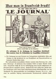 Duitse propaganda toont de voorpagina van een Franse krant met een cartoon van premier Raymond Poincare die de kinderen van het Ruhrgebied opeet tijdens de Franse bezetting van de regio