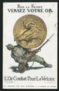 Ansichtkaart, Satirique in kleuren, circa 1915: Voor Frankrijk, Giet uw goud - Oorlog van 14-18, Duitsland Pruisen, Zilver, Belligeranten en symbolen, Overwinning, Lenen, Patriottische dagen - Haan - Illustratie door Abel Faivre (1867-1945) door Jules Abel Faivre