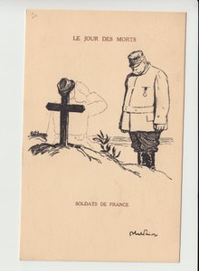 Ansichtkaart, Satirisch in zwart-wit, ca. 1915: Dag van de Doden - Oorlog van 14-18, Rouw Obseques Begrafenissen - Joffre, Soldaten Illustratie door Abel Faivre door Jules Abel Faivre
