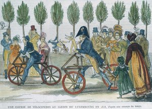 Een velocipederace in Jardin du Luxembourg in 1818 naar een gravure uit die tijd, gegraveerd door P. Comte door Jules Antoine Duvaux