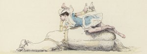 Circusartiest, liggend op een paard, met duiven op haar arm en hoofd