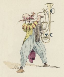 Clown die een ongewoon muziekinstrument bespeelt
