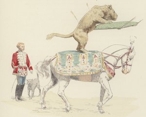 Leeuw balancerend op een paard door Jules Arsene (after) Garnier