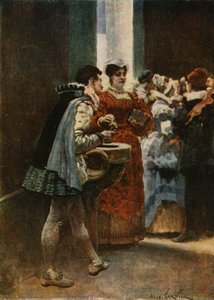 Bij de ingang van een kerk geeft Panurge water aan een vrouw. Pantagruel. Illustratie van Jules Garnier. In "Rabelais et l
