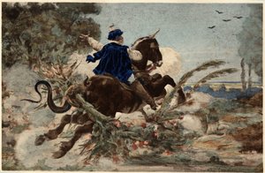 Gargantua op zijn merrie die het bos van Beauce verwoest. Gargantua. illustratie door Jules Garnier. In "Rabelais et l