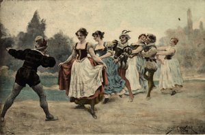Mannen en vrouwen spelen aan de staart van de lop (wolvenstaart). Gargantua. Illustratie door Jules Garnier. In "Rabelais et l
