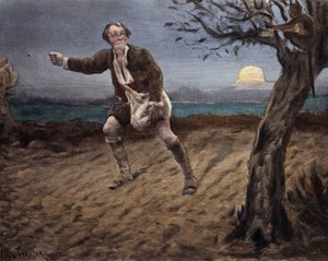 De duivel, zittend in een boom, in gesprek met een boer die hondjes zaait. Pantagruel. Illustratie door Jules Garnier. In "Rabelais et l
