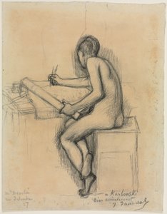 Studie van een zittend naakt vrouwelijk model dat tekent door Jules Bastien Lepage
