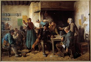 Maandag. Klanten aan een tafel in een herberg
