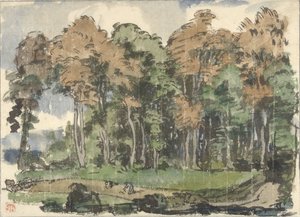 Weg aan een bosrand, met landlieden aan het werk door Jules Chadel