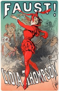 Kunst. Vermaak. De danseres Lydia Thompson als Mephisto. Poster door Jules Cheret voor het stuk "Faust", Engeland, ca.1860-70 (poster) door Jules Cheret