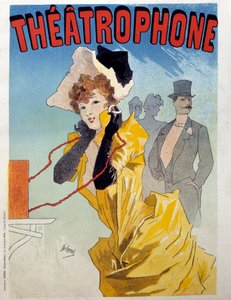 Poster voor de Theatrophone: een jonge elegante luistert naar een toneelstuk