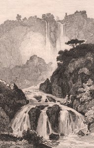 Uitzicht op de watervallen van Marmore nabij Terni, Umbrië, Italië, staalgravure naar tekening van Jules Coignet, circa 14x20 cm
