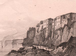 Uitzicht op Sorrento met huis van Torquato Tasso, Campania, Italië, staalgravure door Sauvage naar tekening van Jules Coignet