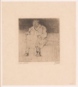 Bejaarde heer met wandelstok zit op een bank door Jules De Bruycker (signed by artist)