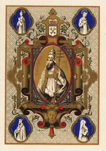 Portret van Sint Gregorius, Paus Gregorius I, met triregnum of driekroon, en Pauselijke ferula, binnen een decoratieve rand door Jules Desportes
