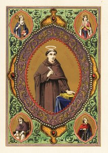 Portret van Sint Thomas van Aquino, met halo, ganzenveer en Bijbel, in een decoratieve rand van loof en goud