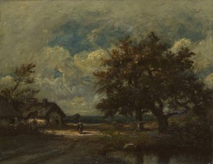 Het huisje bij de weg, stormachtige lucht, ca. 1860 door Jules Dupré