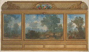 Verhoging van een gepaneeld interieur versierd met geschilderde landschappen en gewelven, 1830-97 door Jules Edmond Charles Lachaise and Eugène Pierre Gourdet