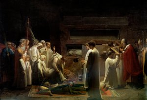 De martelaren in de catacomben Christelijke religieuze bijeenkomst bij de begrafenis van de eerste christenen in Rome. Schilderij door Jules Lenepveu (1819-1898) 1855 Parijs, Musée d