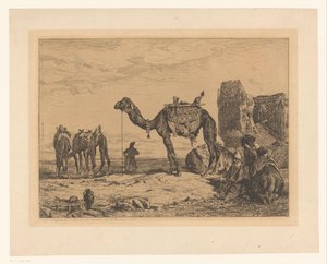 Landschap met kamelen bij ruïne door Jules Joseph Augustin Laurens (signed by artist)