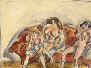 Drie vrouwen op een rode bank
