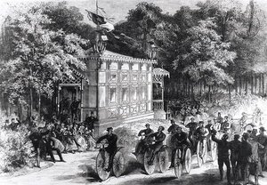 Een Velocipede Race bij Pré Catelan, ca.1860-70 door Jules Pelcoq