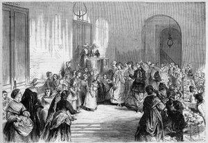 De keizerin Eugenie de Montijo (1826-1920), echtgenote van Napoleon III, woont de kindermaaltijd bij in de refter van het ziekenhuis Eugene Napoleon nabij de Barriere du Trone in Parijs. Naar een tekening van Jules Pelcoq. Gravure in 