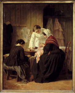 Drie vrouwen aan het naaien door Jules Trayer