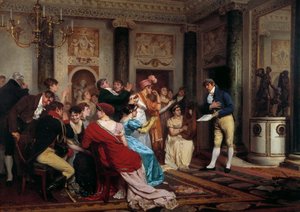 Romantiek is in de mode Lezen van een toneelstuk in een Parijse salon. (Salon Littéraire) Schilderij door Jules Worms (1832-1914) 19e eeuw Parijs, Palais du Luxembourg door Jules Worms