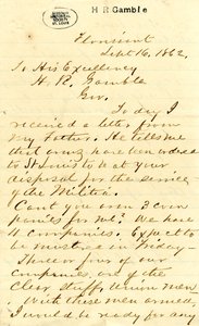 Brief ondertekend door Julian Bates, Florissant, aan Zijne Excellentie H.R. Gamble, 16 september 1862