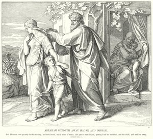 Abraham Zendt Hagar en Ismaël Weg (gravure) door Julius (after) Schnorr von Carolsfeld