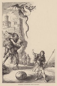 Brunhild strijdend met Gunther door Julius (after) Schnorr von Carolsfeld